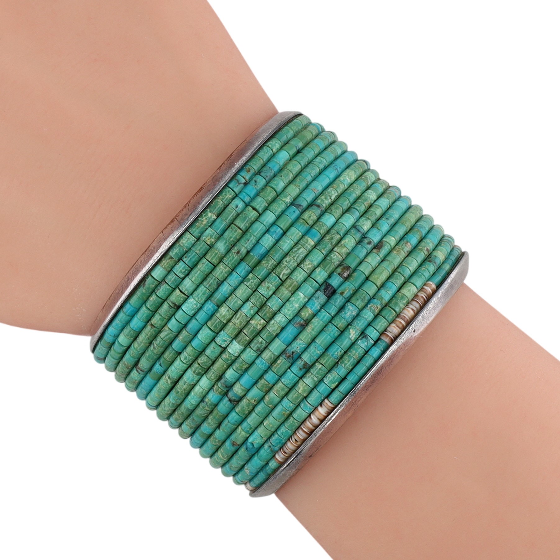 Amazing Signed Santo Domingo Sterling Multi-Stone Inlay Heishi Cuff Bracelet