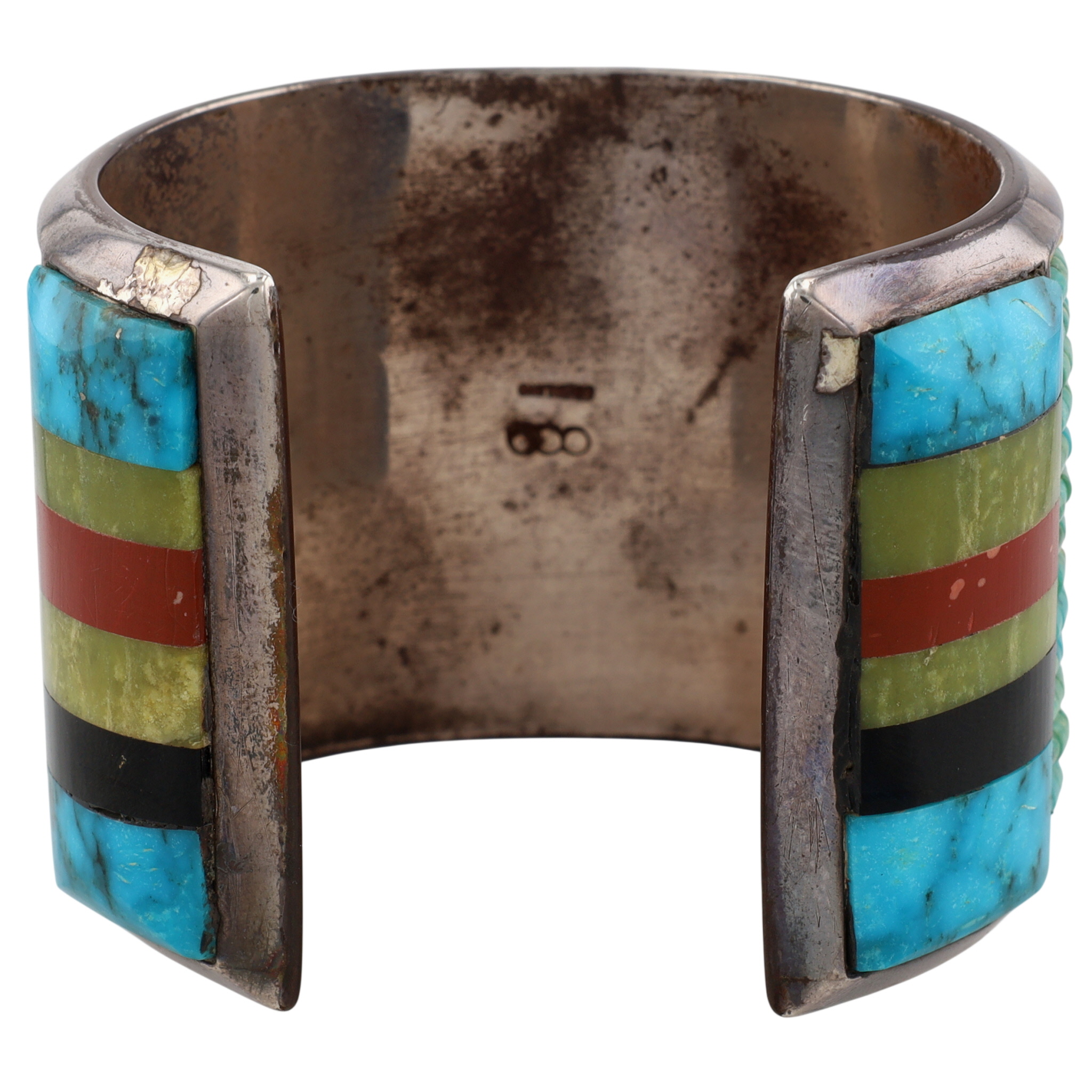Amazing Signed Santo Domingo Sterling Multi-Stone Inlay Heishi Cuff Bracelet