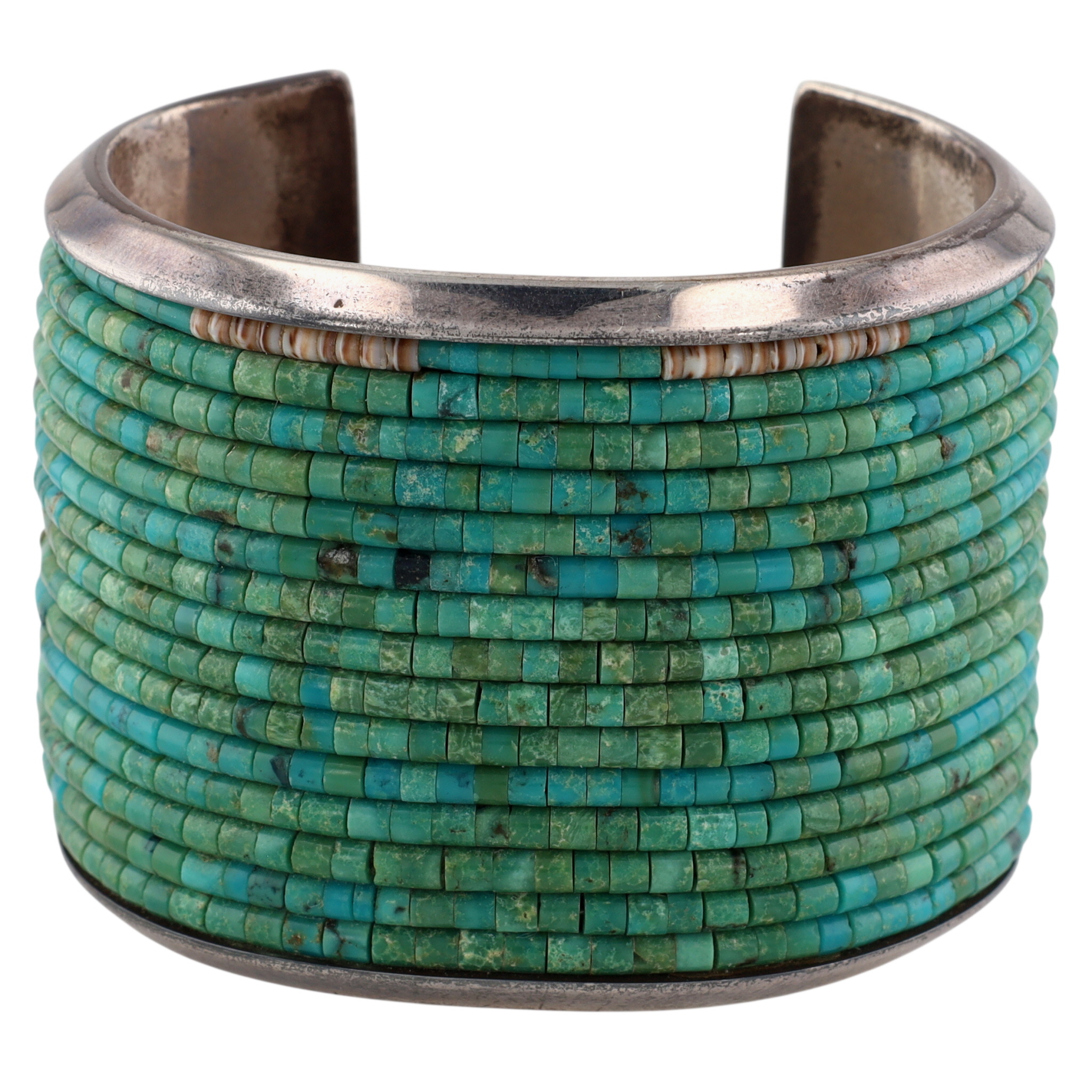 Amazing Signed Santo Domingo Sterling Multi-Stone Inlay Heishi Cuff Bracelet