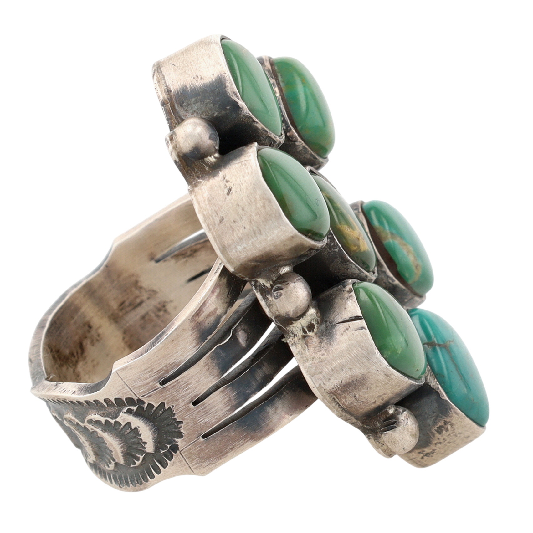 Tia Long Navajo Sterling Fox Turquoise Cluster RIng Sz 6