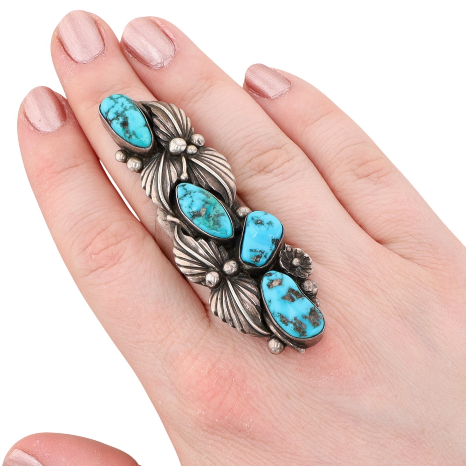 Vintage Signed Navajo Sterling Turquoise Finger Length Ring Sz 8