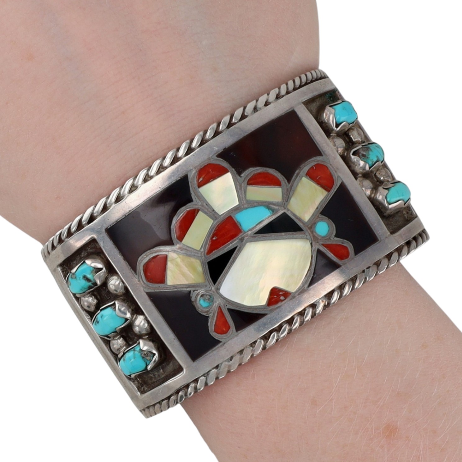 Vintage Filbert & Clara Gasper Zuni Sterling Multi-Stone Inlay Sunface Cuff Bracelet
