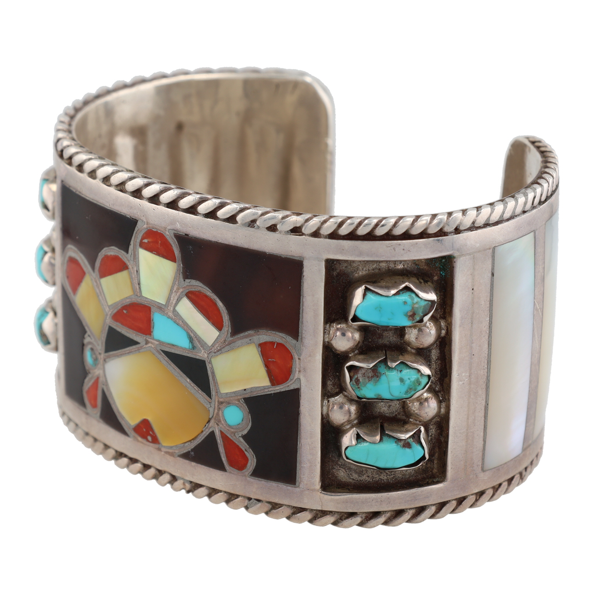 Vintage Filbert & Clara Gasper Zuni Sterling Multi-Stone Inlay Sunface Cuff Bracelet