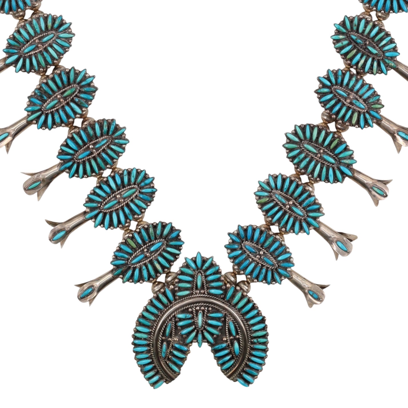 F.M. Begay Navajo Sterling Turquoise Cluster Squash Blossom Necklace
