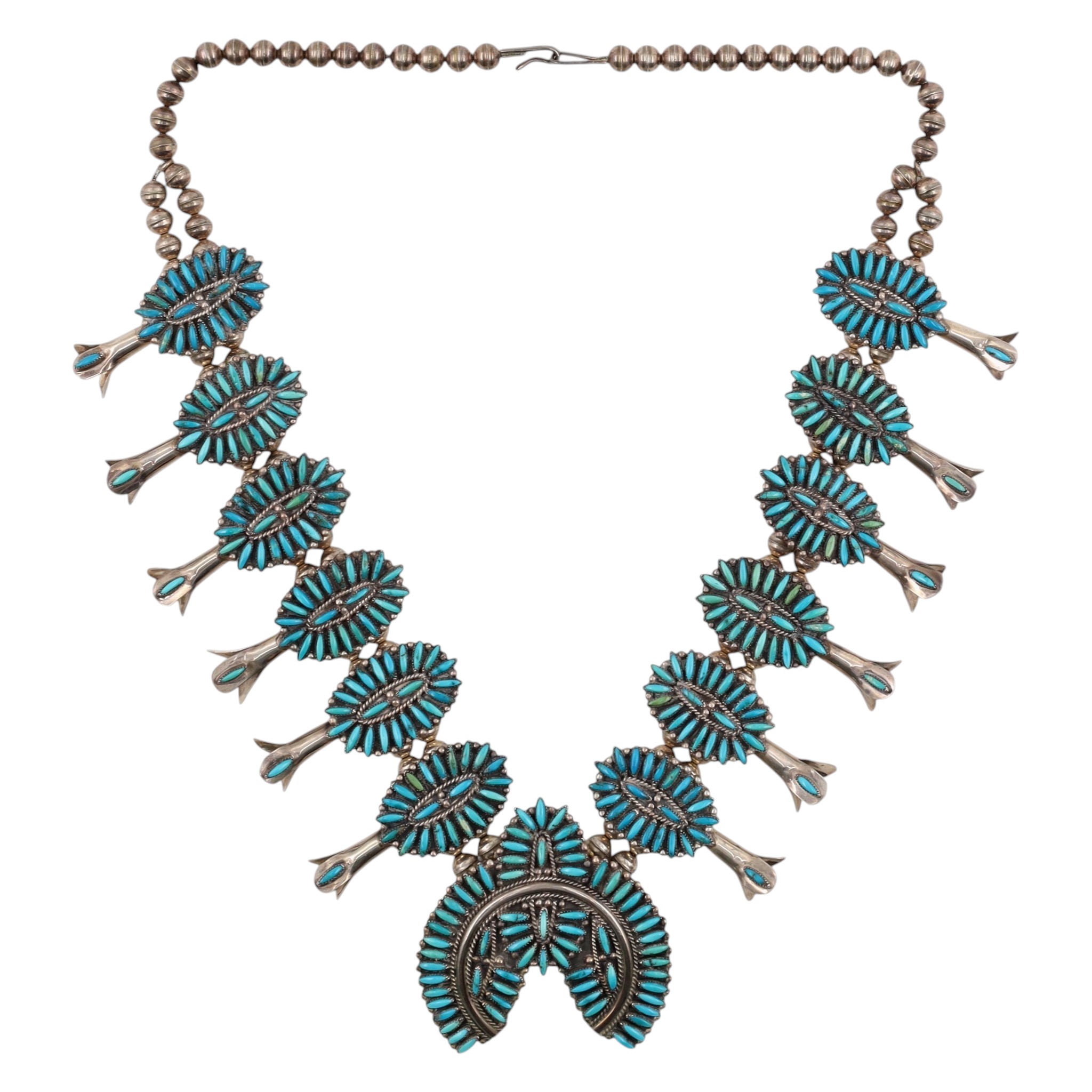 F.M. Begay Navajo Sterling Turquoise Cluster Squash Blossom Necklace