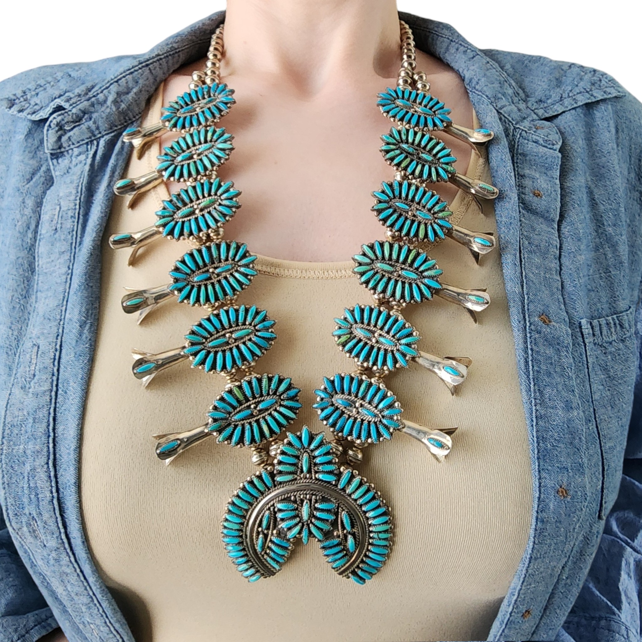 F.M. Begay Navajo Sterling Turquoise Cluster Squash Blossom Necklace