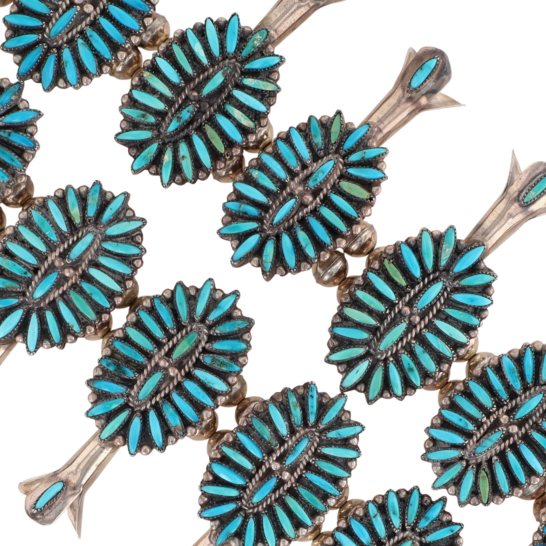F.M. Begay Navajo Sterling Turquoise Cluster Squash Blossom Necklace