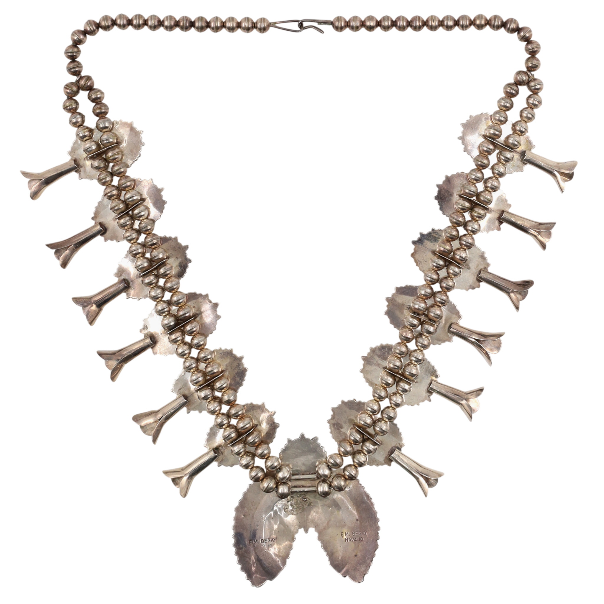 F.M. Begay Navajo Sterling Turquoise Cluster Squash Blossom Necklace