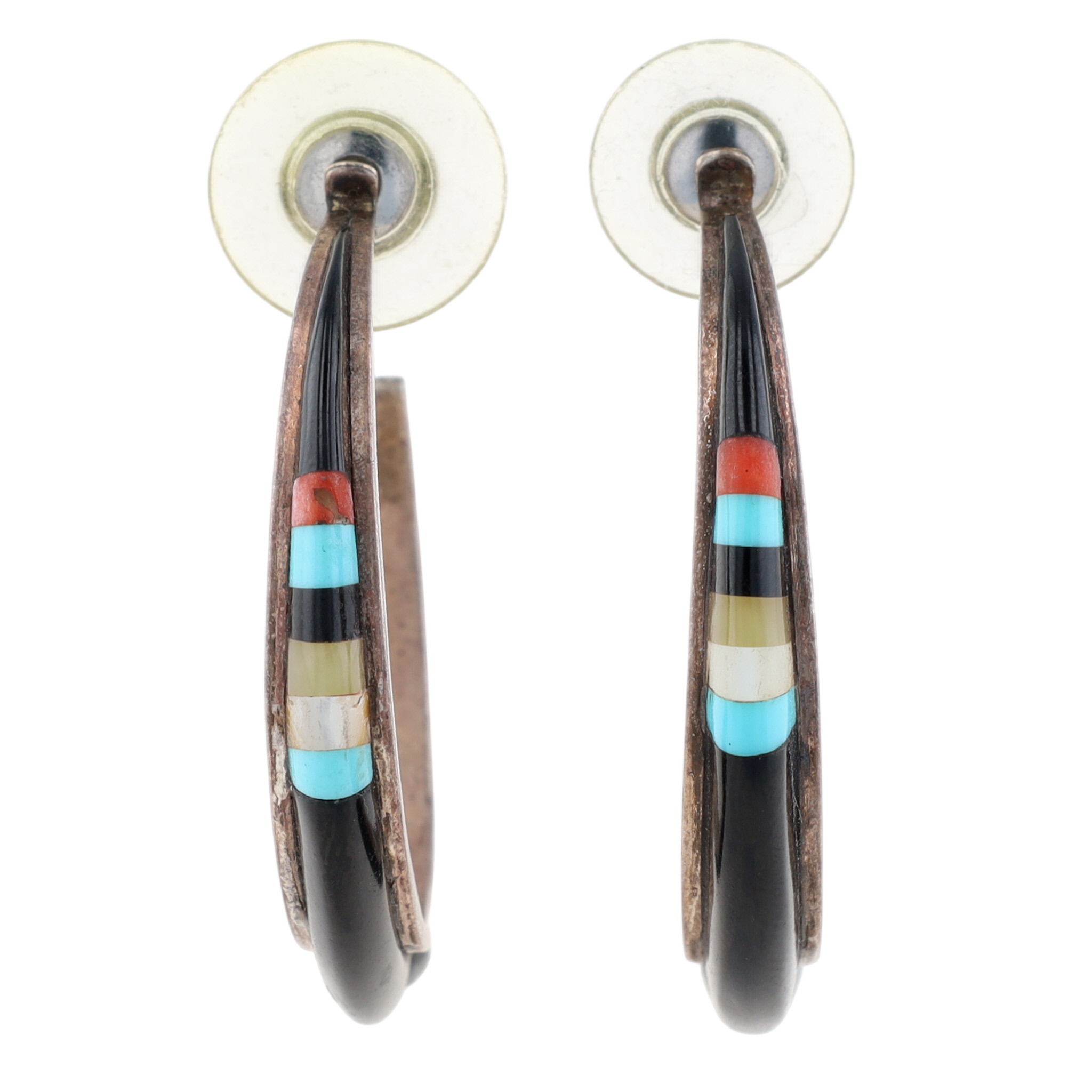 Vintage Zuni Sterling Multi-Stone Inlay Hoop Earrings