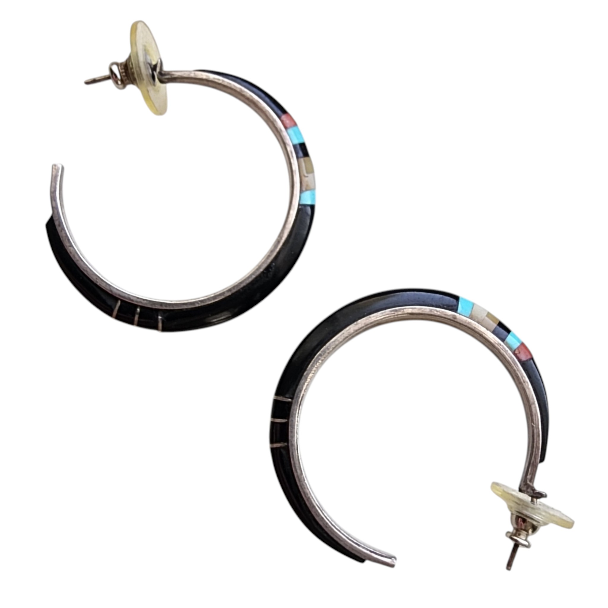 Vintage Zuni Sterling Multi-Stone Inlay Hoop Earrings