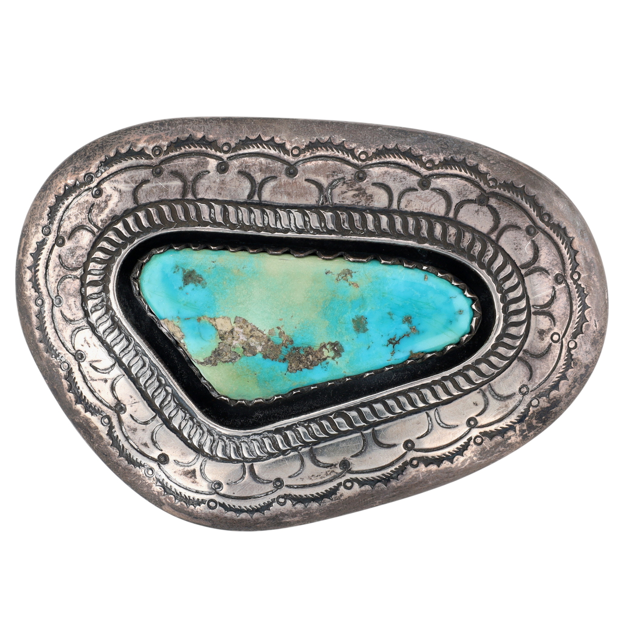 Vintage Signed Navajo Sterling Turquoise Stamped Belt Buckle