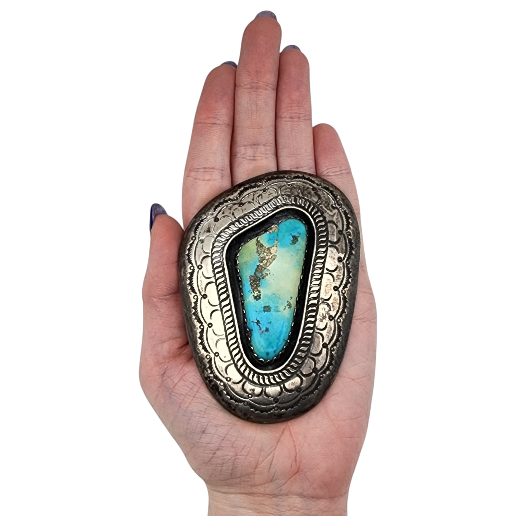 Vintage Signed Navajo Sterling Turquoise Stamped Belt Buckle