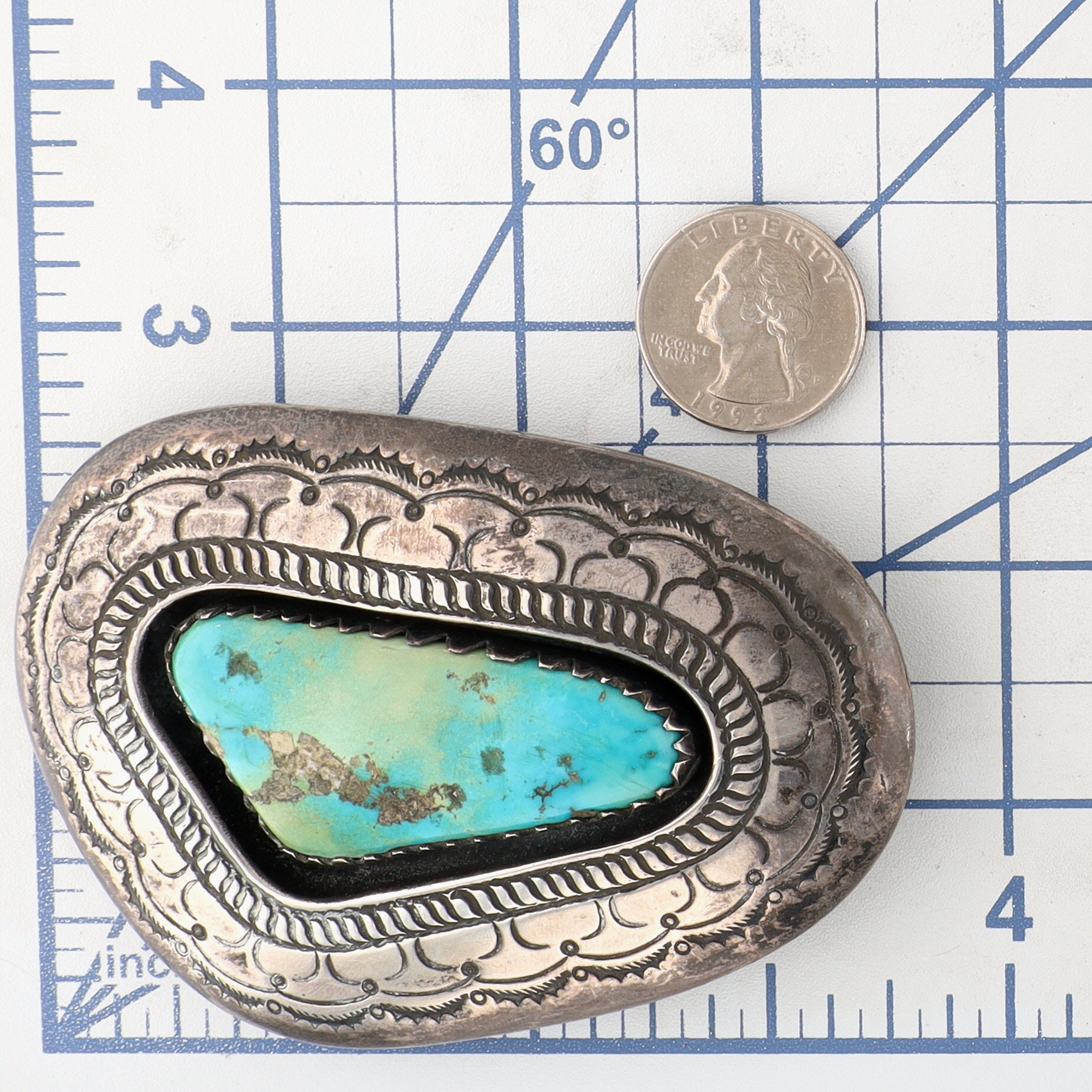 Vintage Signed Navajo Sterling Turquoise Stamped Belt Buckle