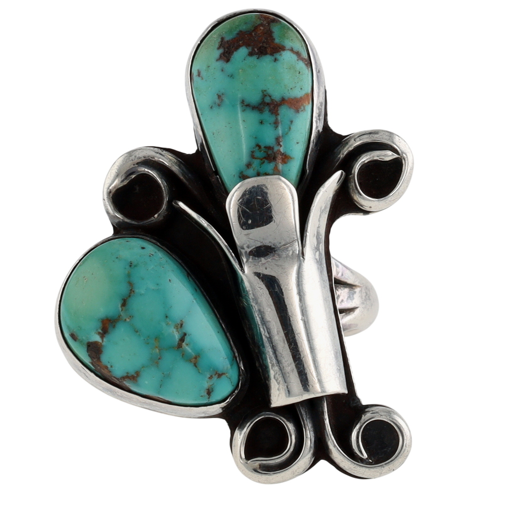 Vintage Signed Navajo Sterling Turquoise Squash Blossom Ring Sz 5