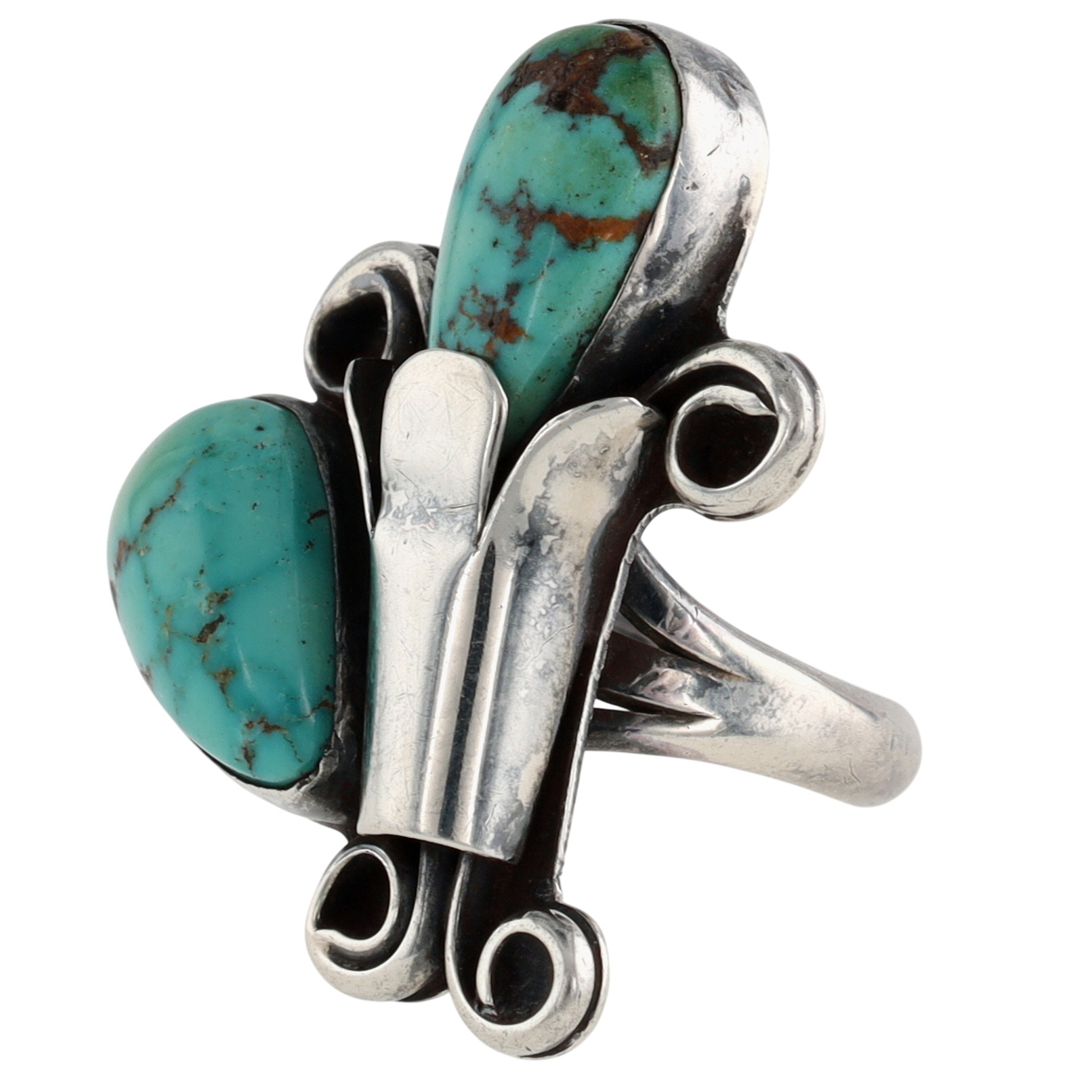 Vintage Signed Navajo Sterling Turquoise Squash Blossom Ring Sz 5