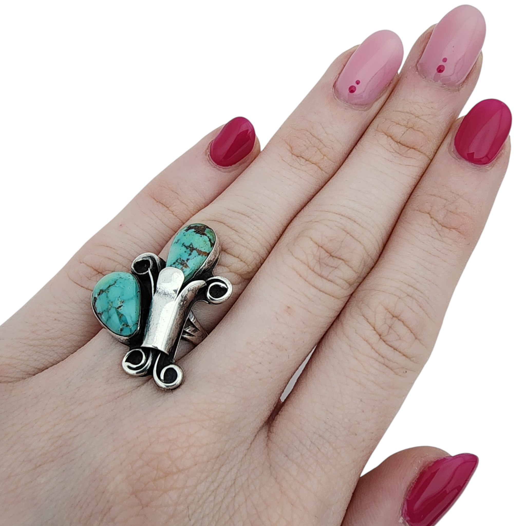 Vintage Signed Navajo Sterling Turquoise Squash Blossom Ring Sz 5