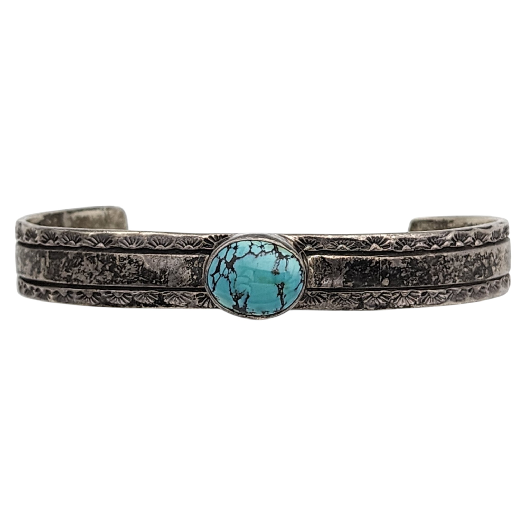 Signed Navajo Sterling Turquoise Stamped Cuff Bracelet