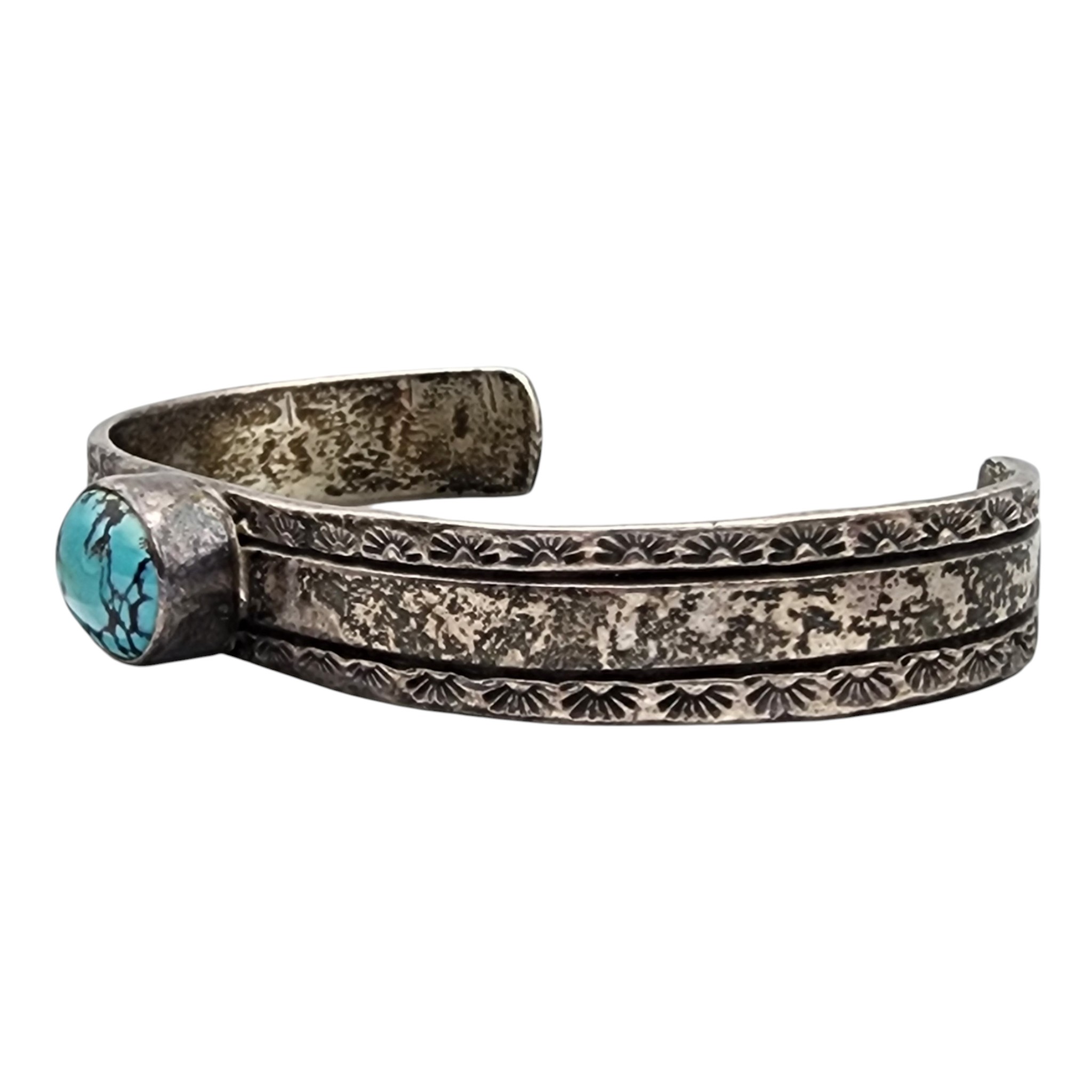 Signed Navajo Sterling Turquoise Stamped Cuff Bracelet