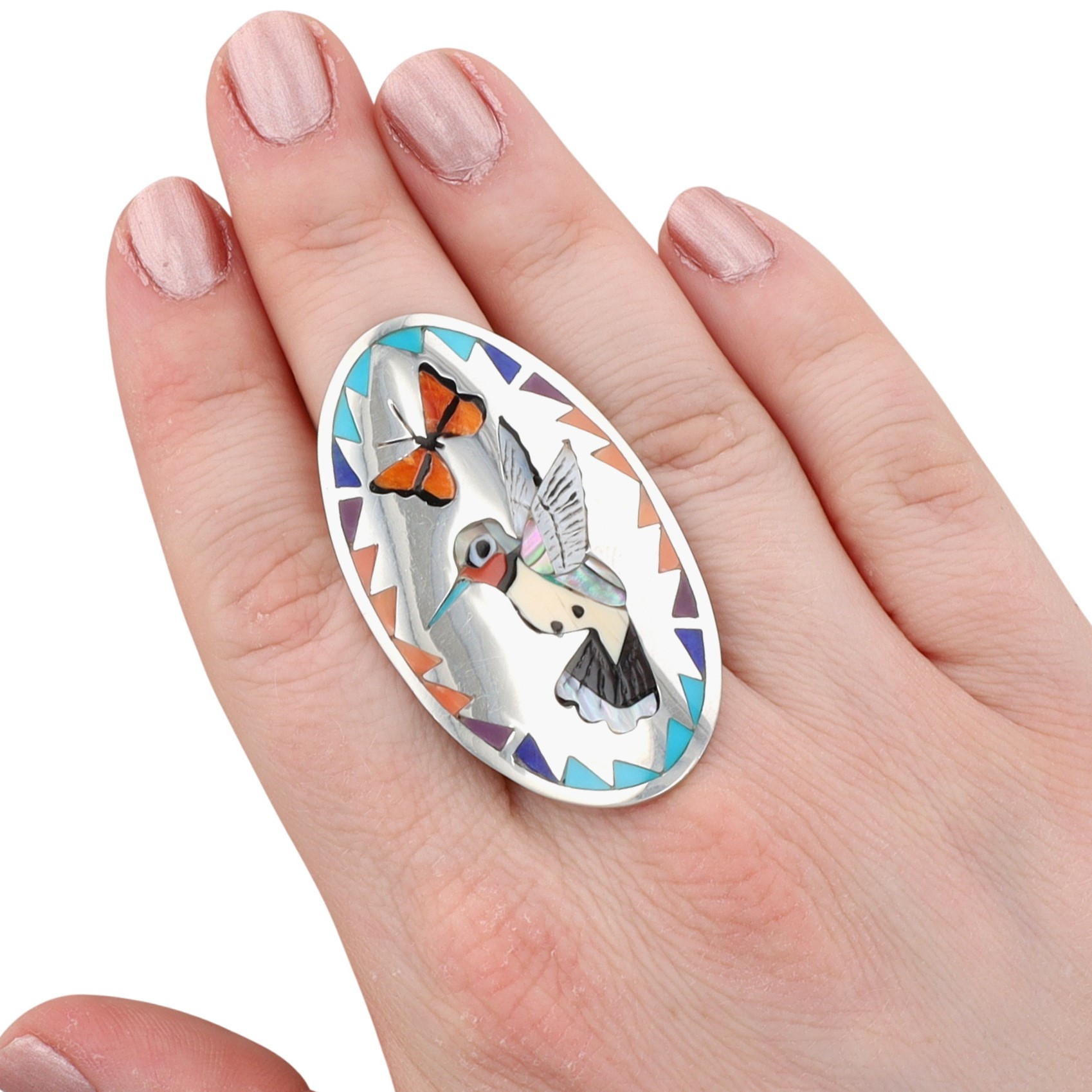 Quintin Quam Zuni Sterling Multi-Stone Inlay Hummingbird Ring Sz 8.5