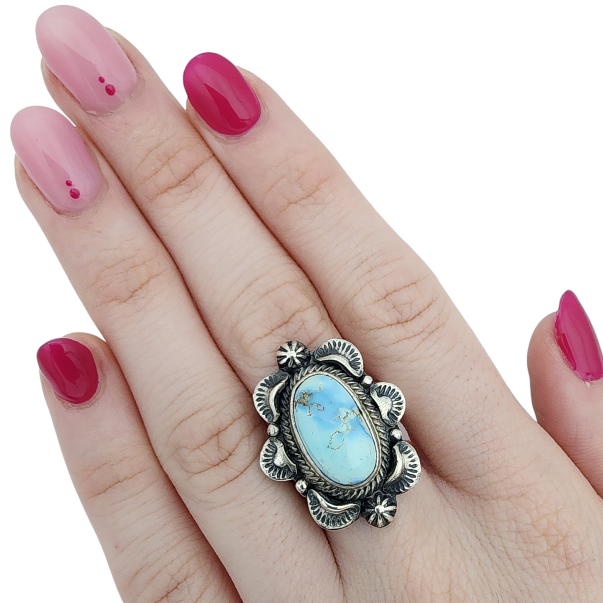 Randy Boyd Navajo Sterling Golden Hills Turquoise Stamped Ring Sz 9