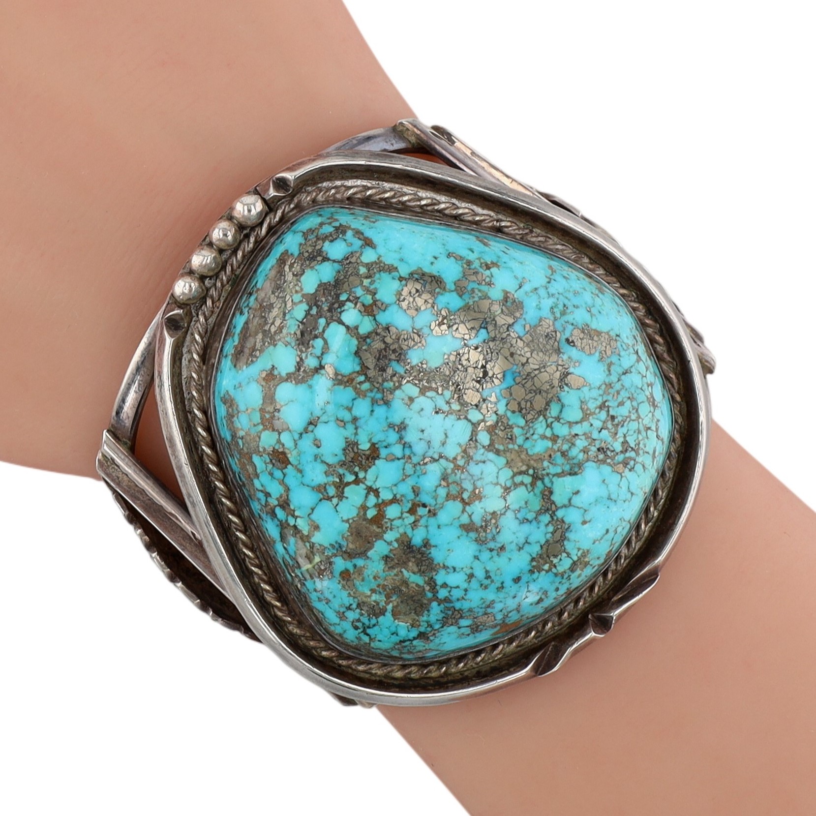 Huge Vintage Navajo Sterling Morenci Chunk Turquoise Cuff Bracelet