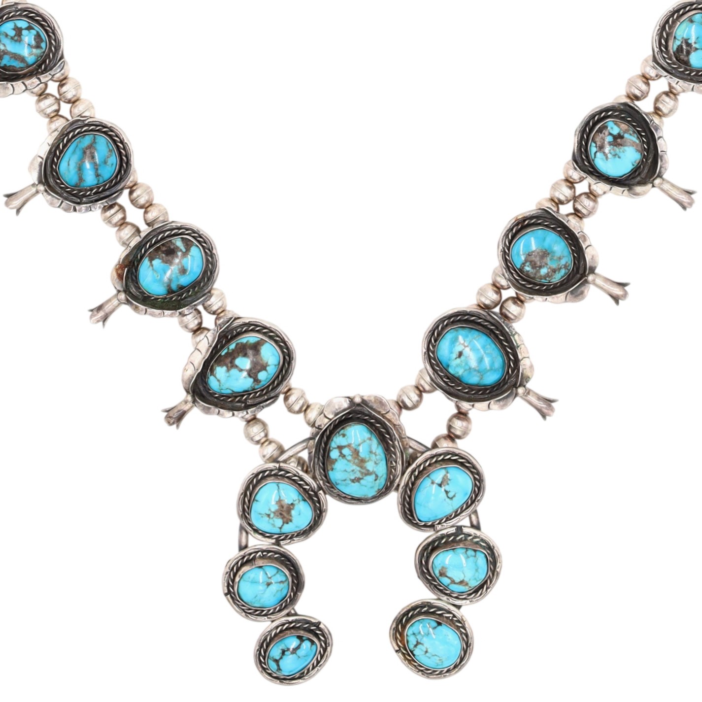 Vintage Navajo Sterling Turquoise Squash Blossom Necklace