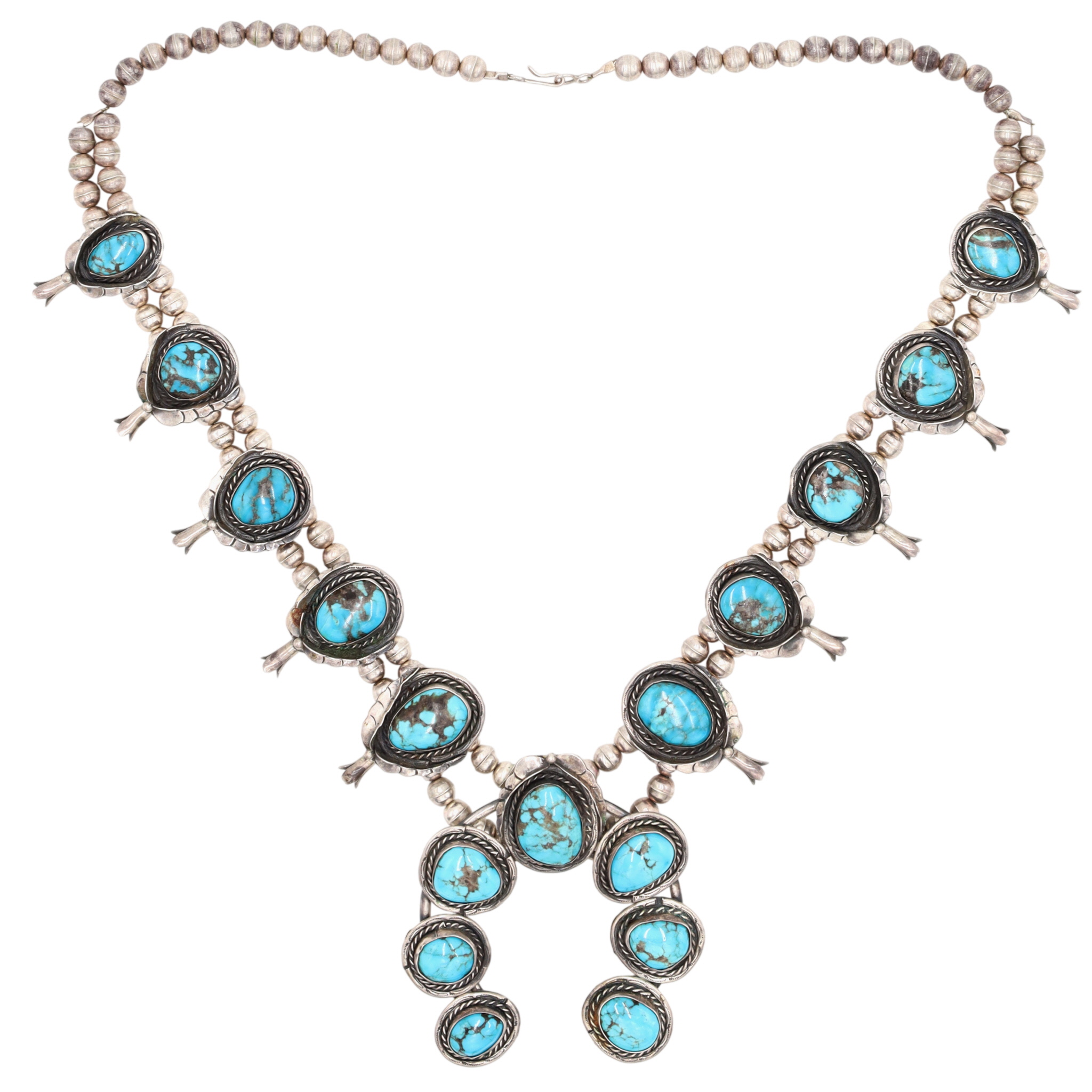Vintage Navajo Sterling Turquoise Squash Blossom Necklace