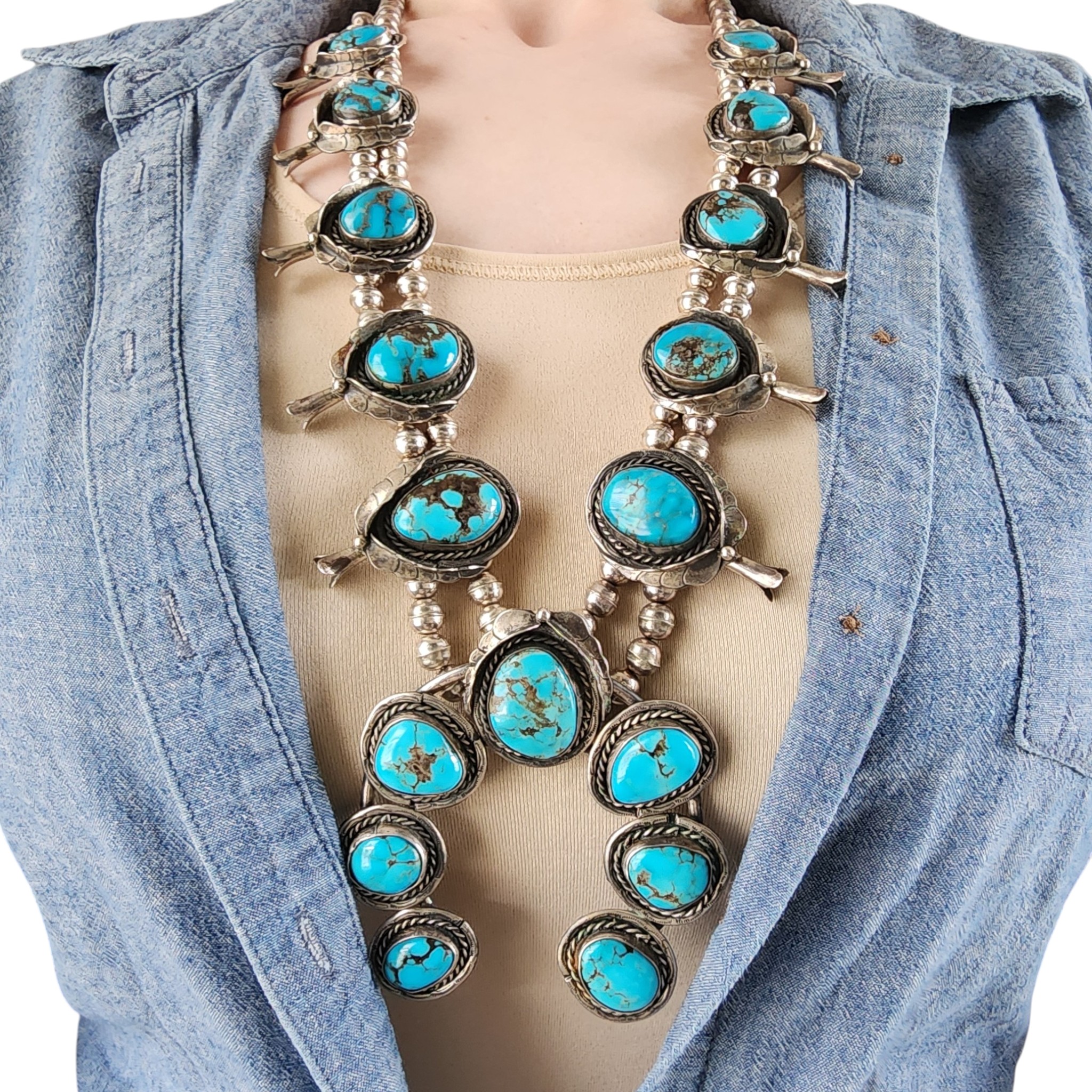 Vintage Navajo Sterling Turquoise Squash Blossom Necklace