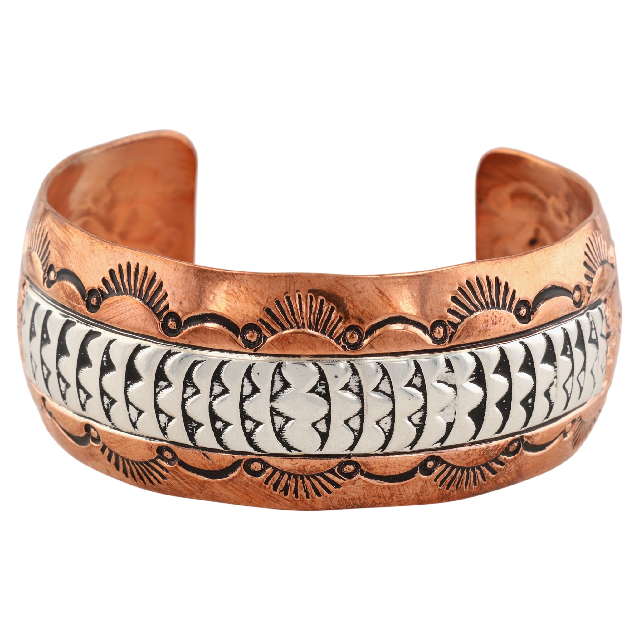 Charlene & Robert Little Navajo Sterling Copper Wide Stamped Cuff Bracelet