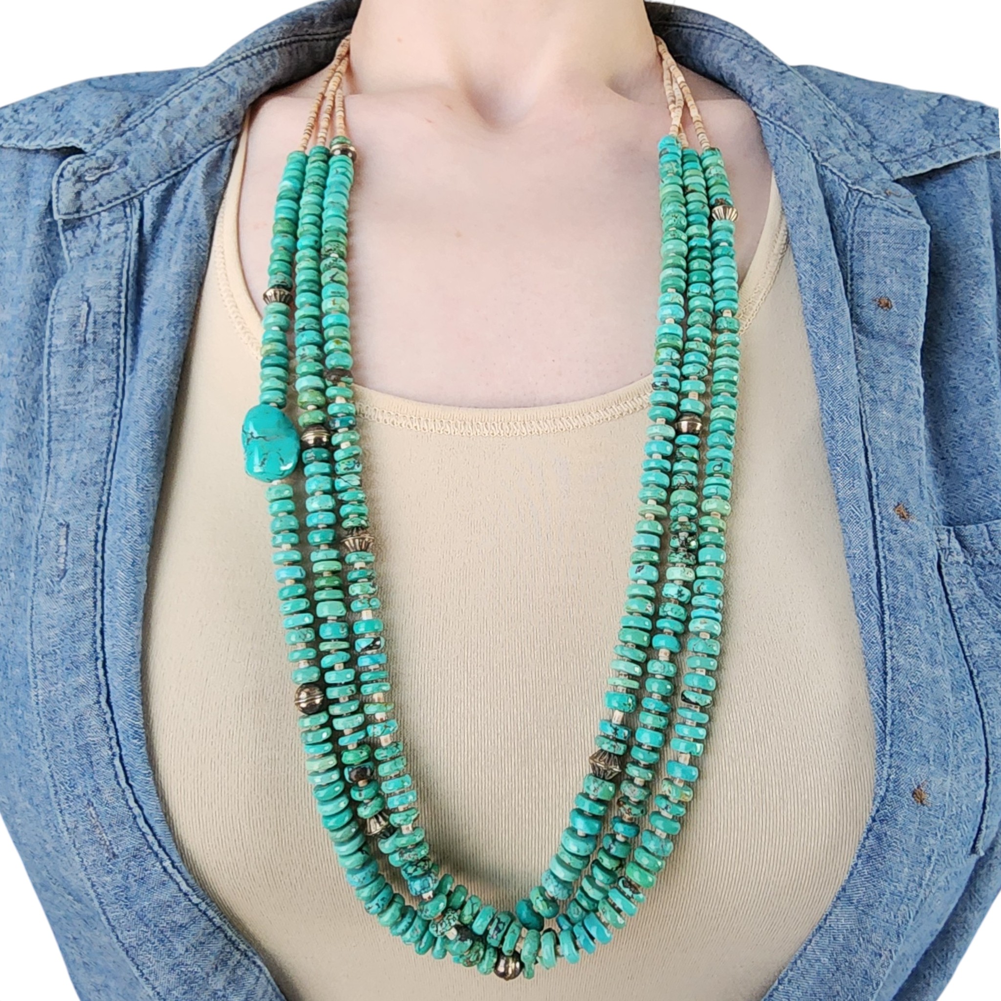 Vintage Santo Domingo Sterling Turquoise 3-Strand Disc Necklace