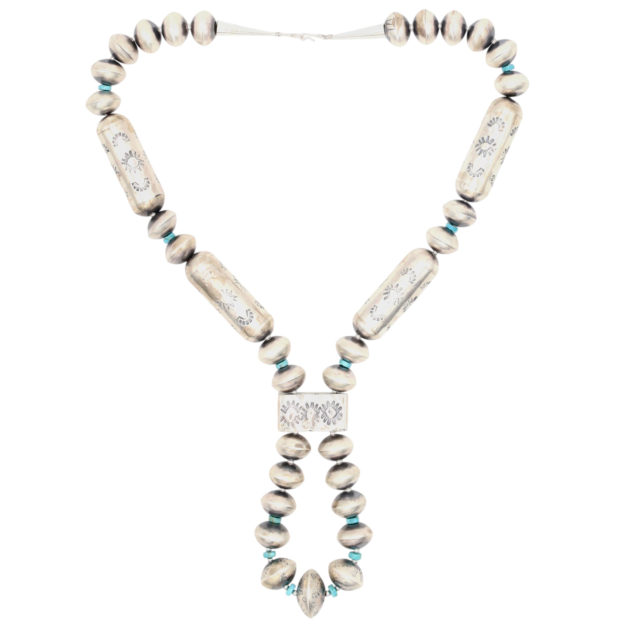 Tysha Aparicio Navajo Sterling Turquoise Handmade Stamped Bead Necklace