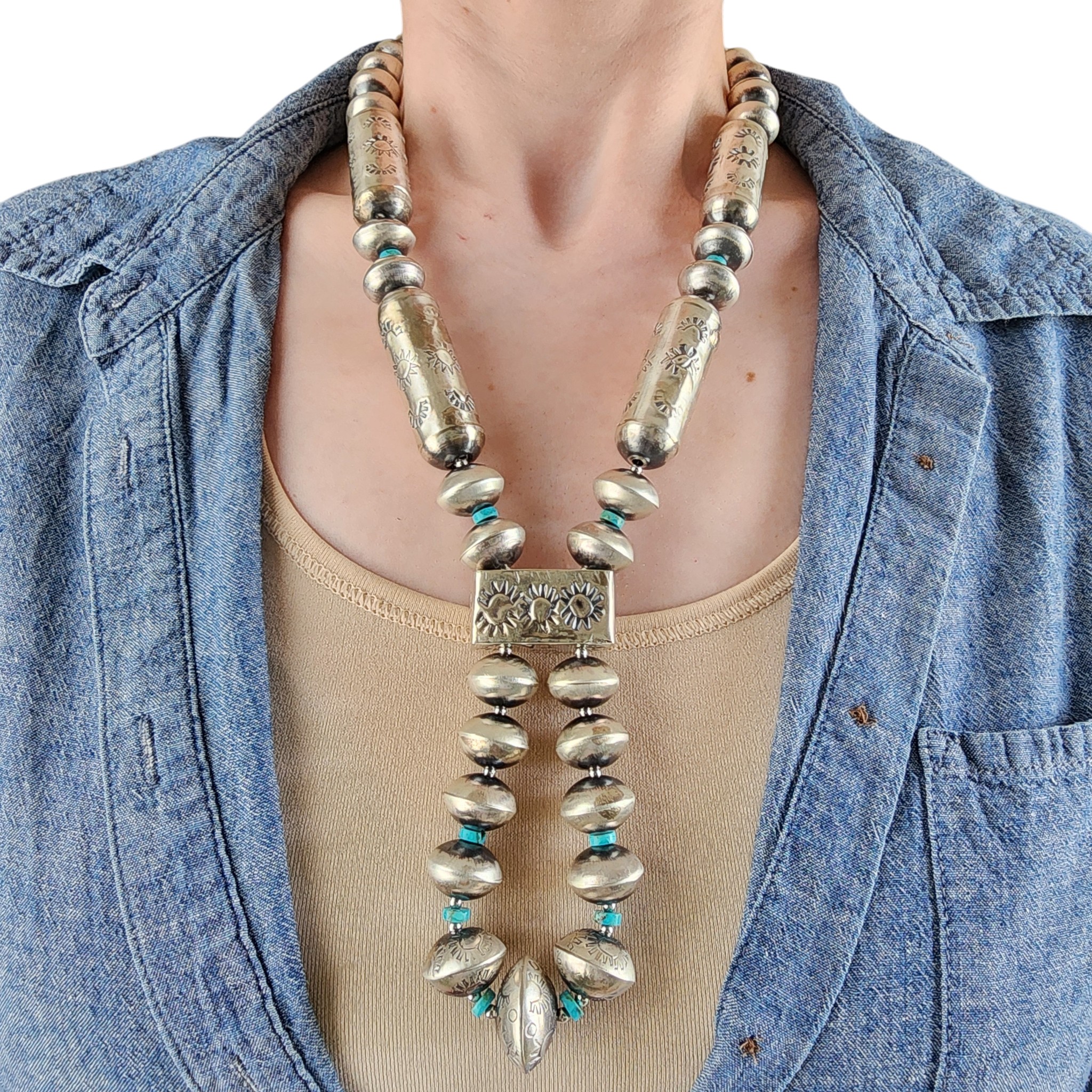 Tysha Aparicio Navajo Sterling Turquoise Handmade Stamped Bead Necklace