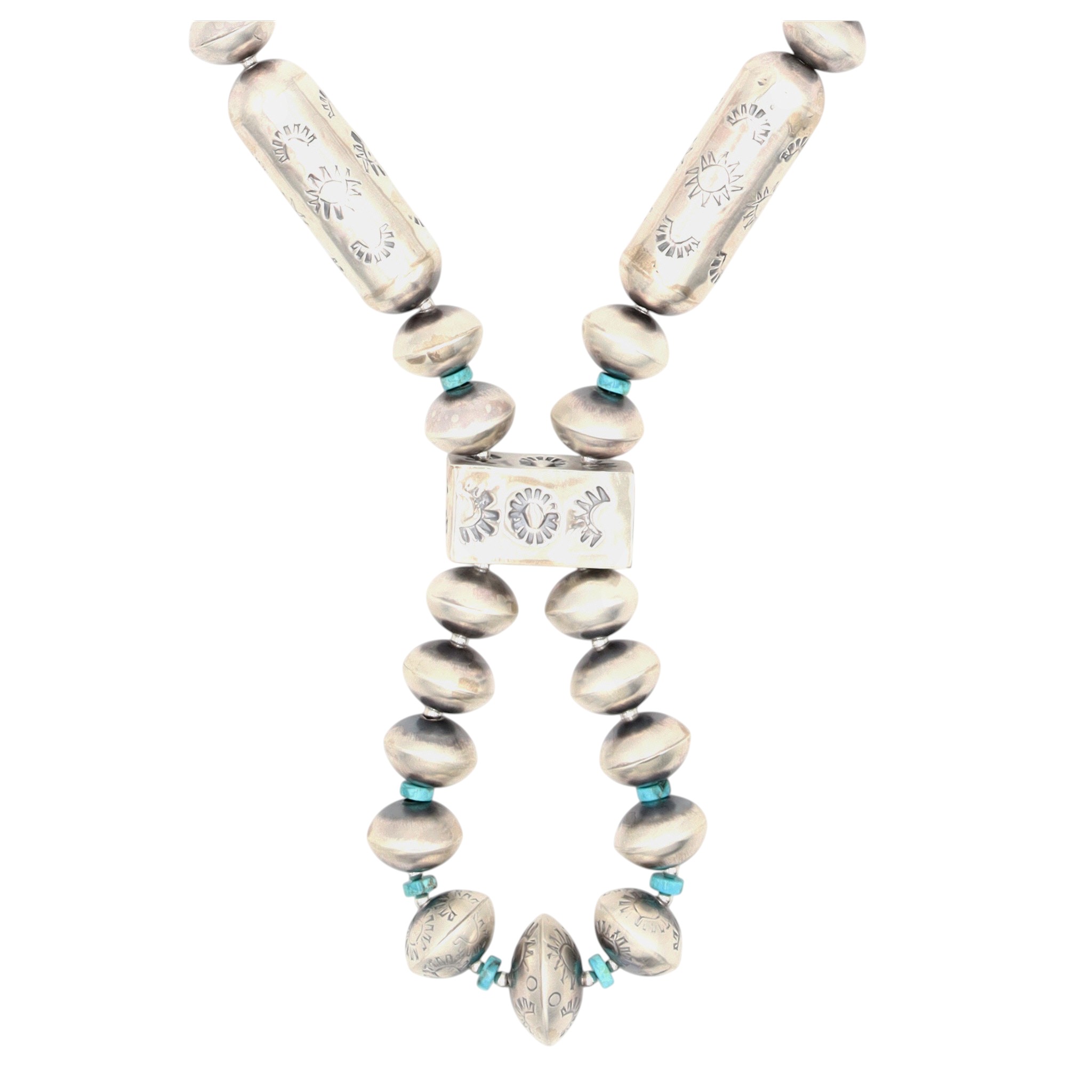 Tysha Aparicio Navajo Sterling Turquoise Handmade Stamped Bead Necklace