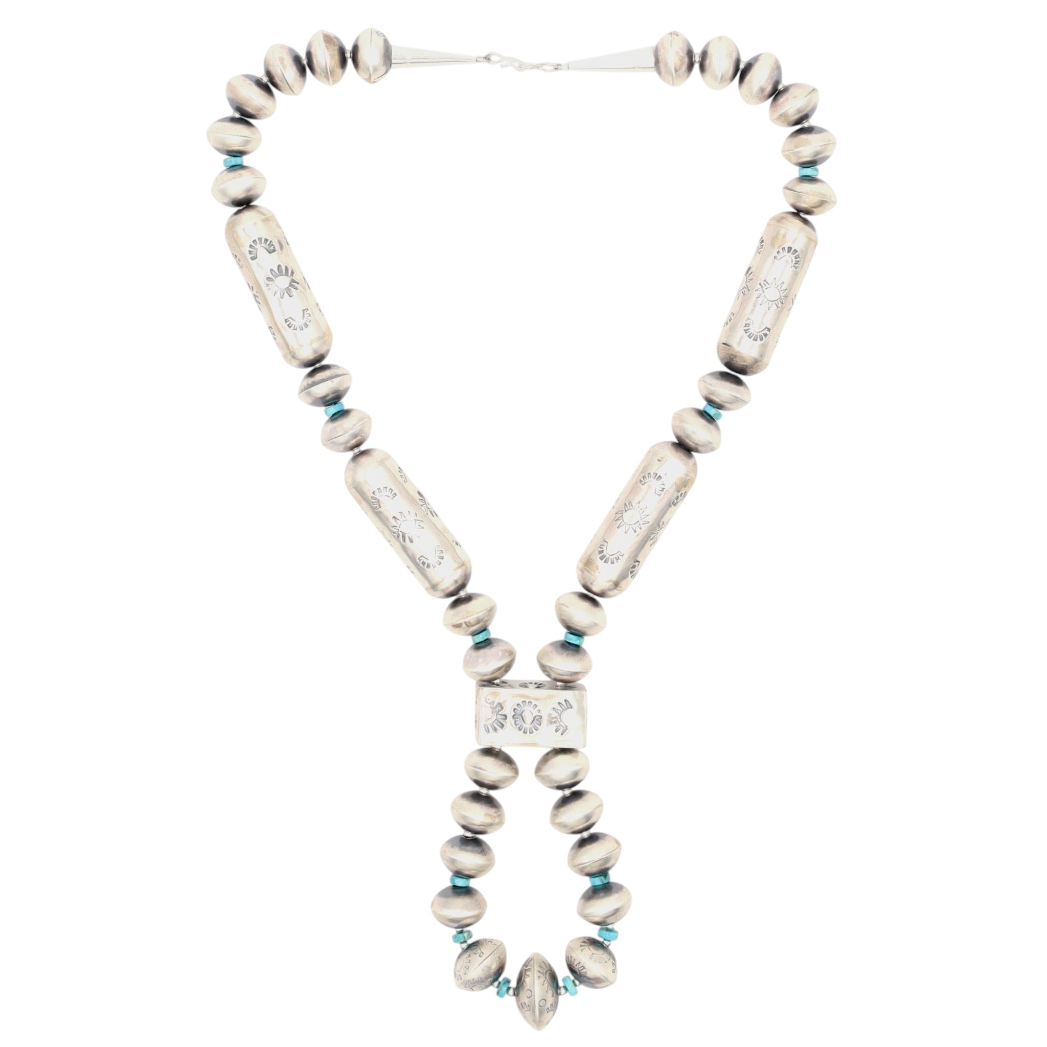 Tysha Aparicio Navajo Sterling Turquoise Handmade Stamped Bead Necklace