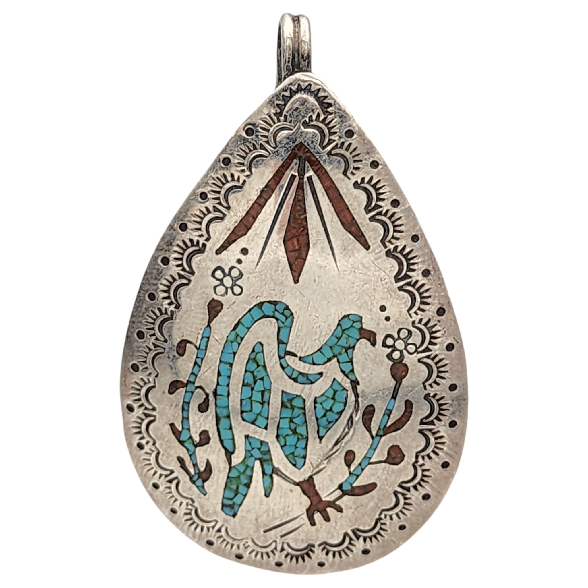 Delvin J Nelson Navajo Sterling Turquoise Coral Chip Inlay Pendant