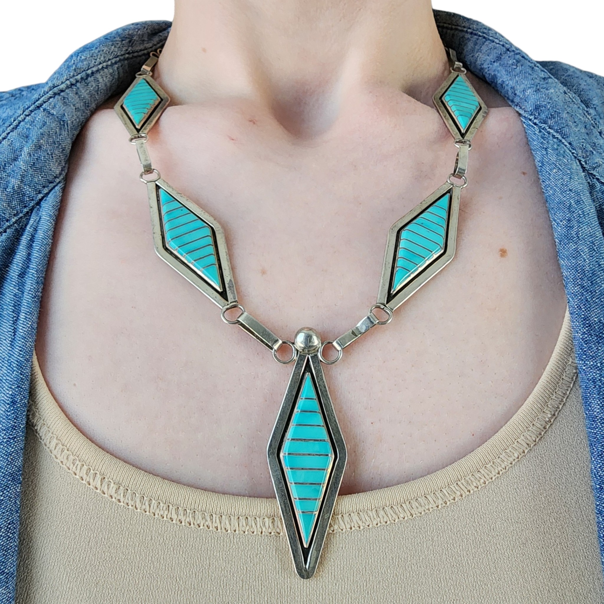 Vintage Marvin Luarkie Zuni Sterling Turquoise Inlay Necklace