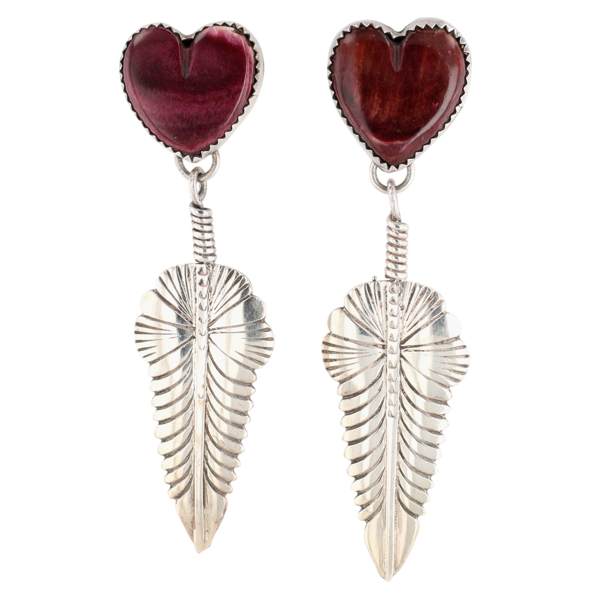 Signed Navajo Sterling Purple Spiny Oyster Feather Earrings
