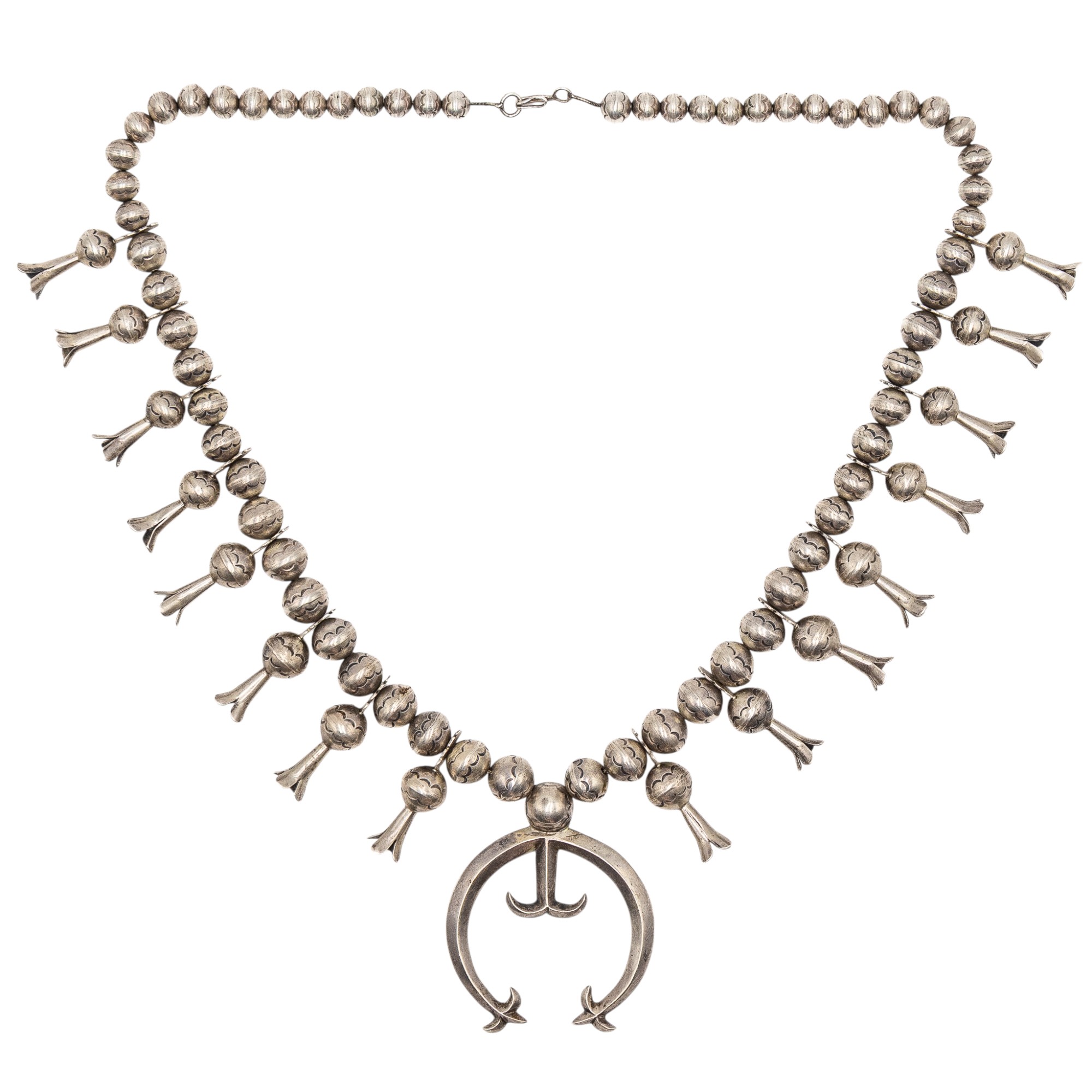 Vintage Pre-50's John Burnside Navajo Sterling Stamped Handmade Squash Blossom Necklace