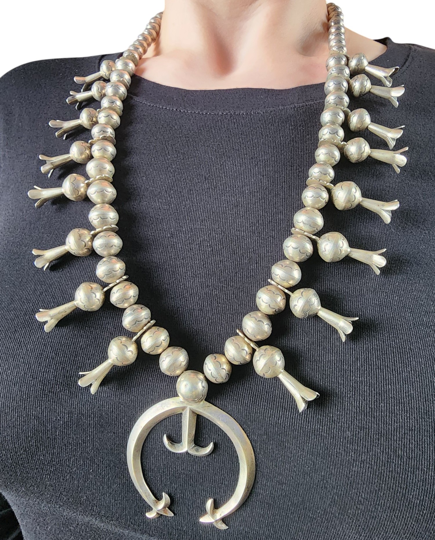 Vintage Pre-50's John Burnside Navajo Sterling Stamped Handmade Squash Blossom Necklace
