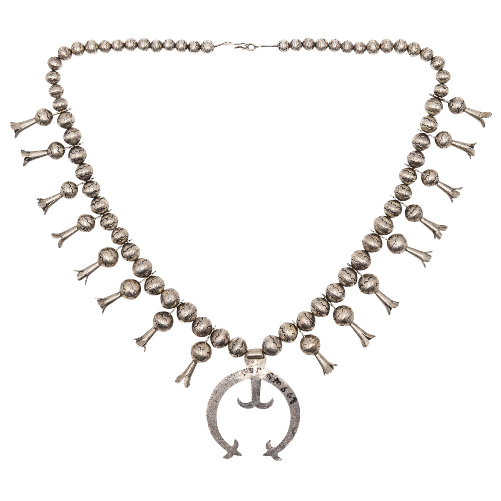 Vintage Pre-50's John Burnside Navajo Sterling Stamped Handmade Squash Blossom Necklace