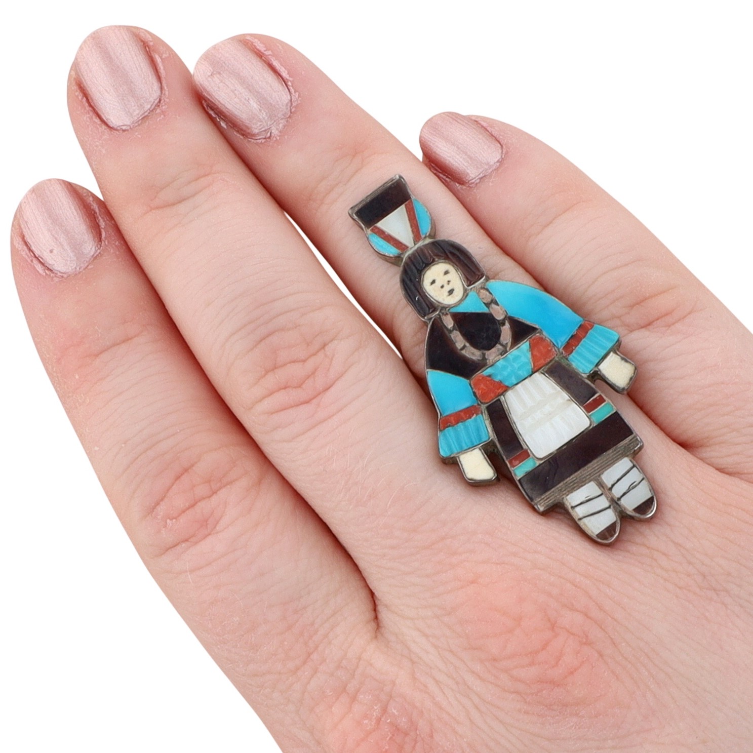 Vintage Madeline Beyuka Zuni Sterling Multi-Stone Inlay Olla Maiden Ring Sz 6.5