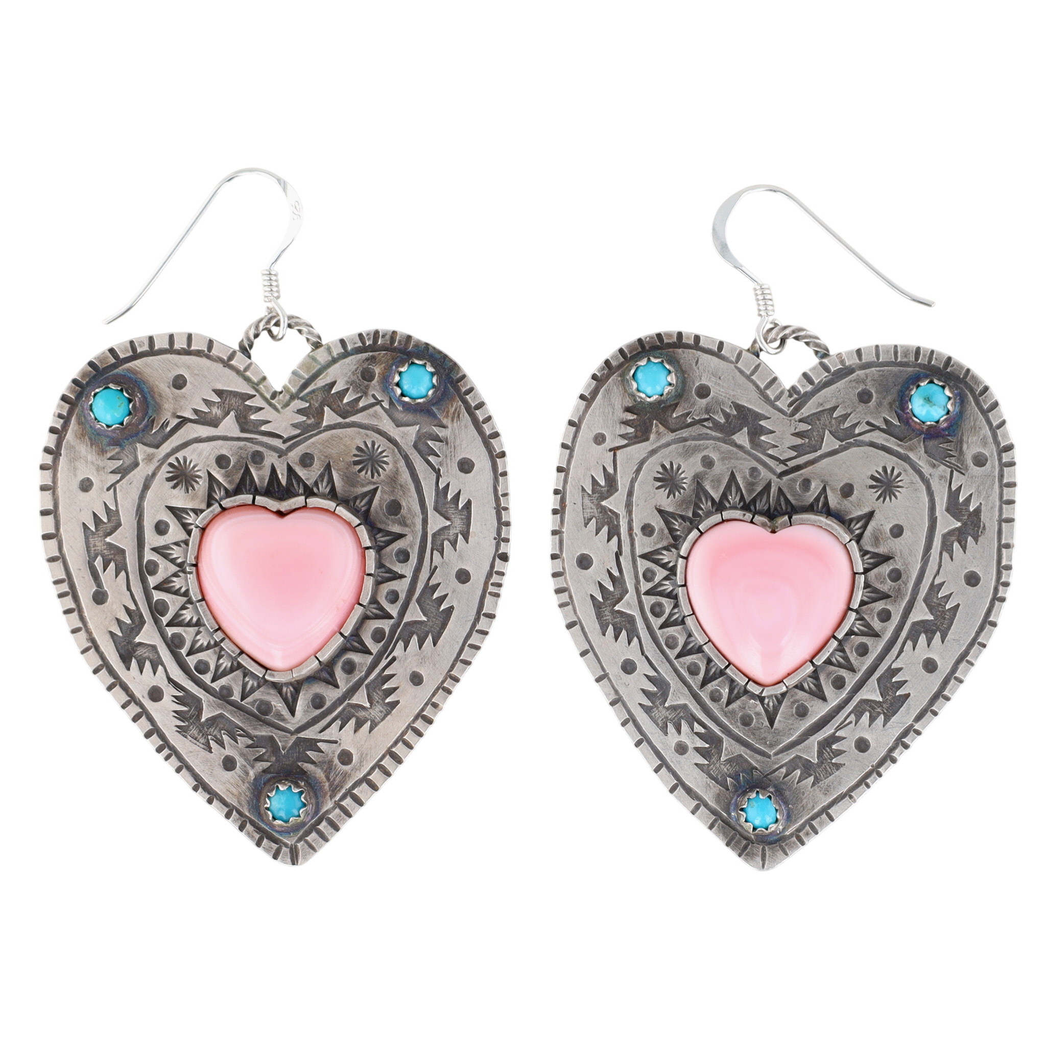 Marcus Becenti Navajo Sterling Pink Conch Stamped Heart Earrings