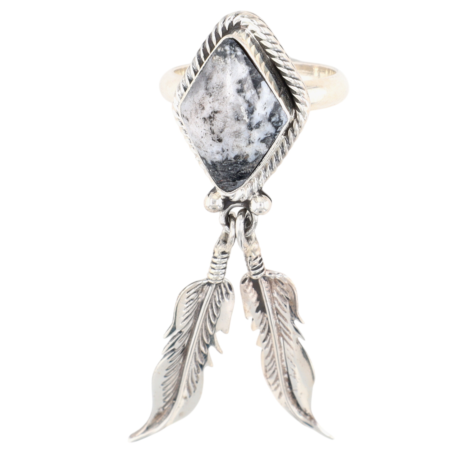 Jerome Lee Navajo Sterling White Buffalo Feather Ring Sz 6