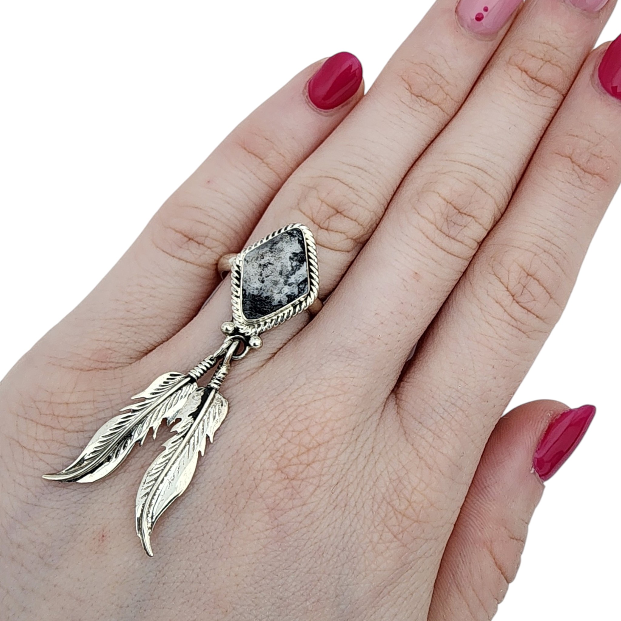Jerome Lee Navajo Sterling White Buffalo Feather Ring Sz 6