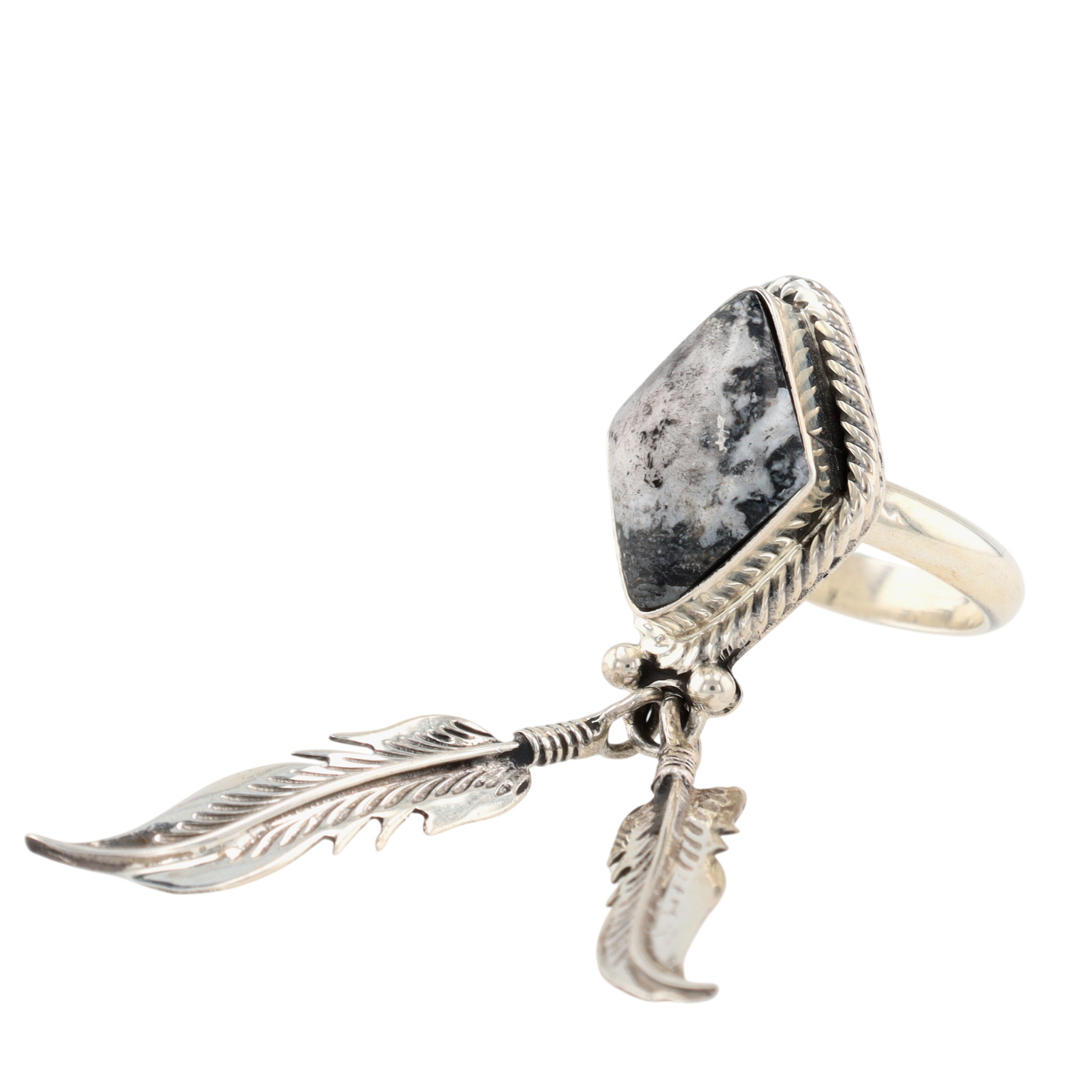 Jerome Lee Navajo Sterling White Buffalo Feather Ring Sz 6