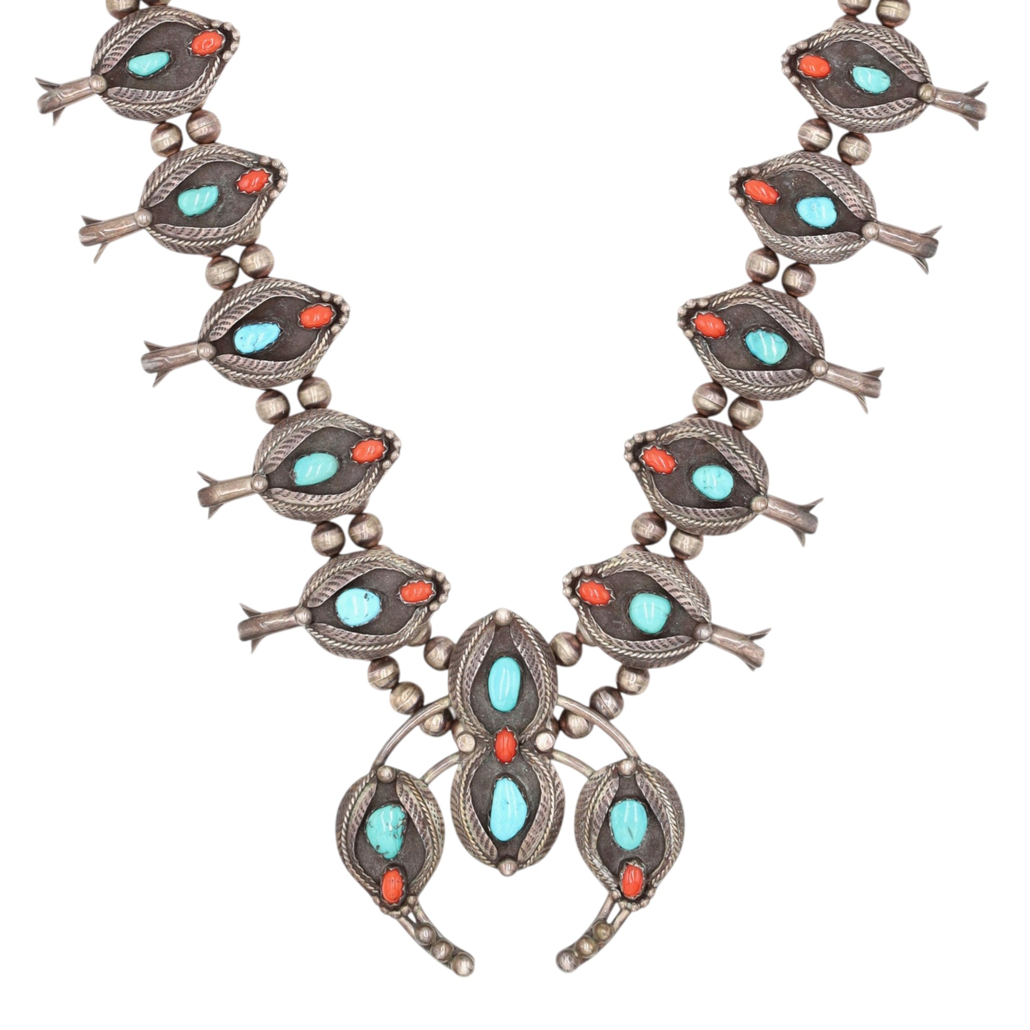 Vintage Vicky Thompson Navajo Sterling Turquoise Coral Squash Blossom Necklace