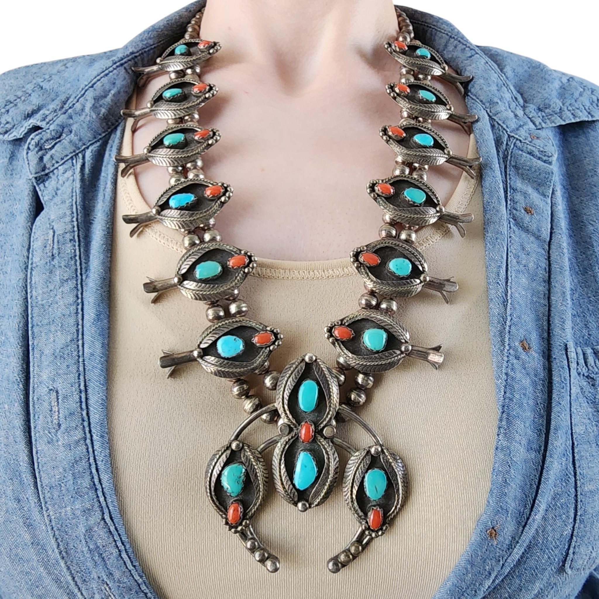 Vintage Vicky Thompson Navajo Sterling Turquoise Coral Squash Blossom Necklace