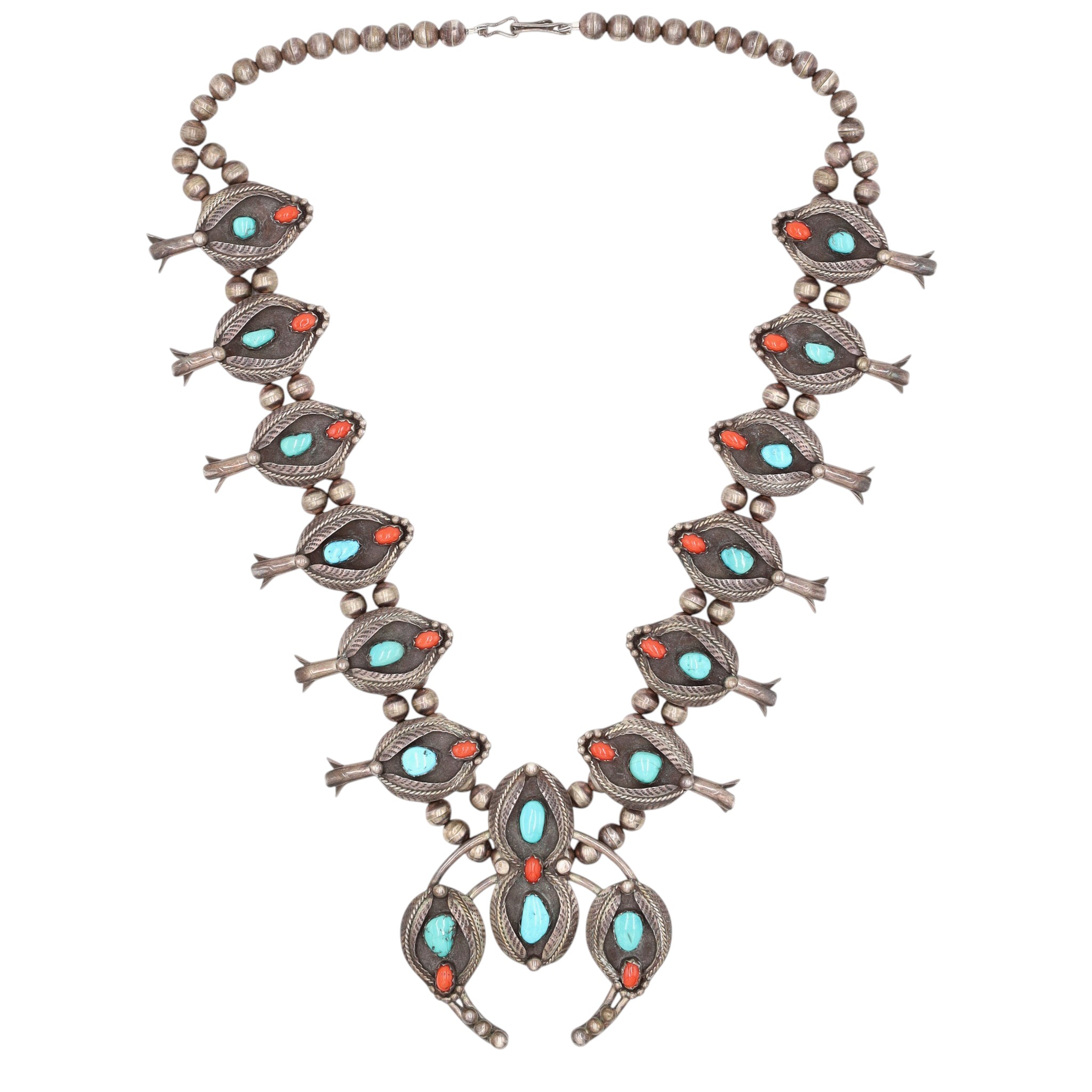 Vintage Vicky Thompson Navajo Sterling Turquoise Coral Squash Blossom Necklace