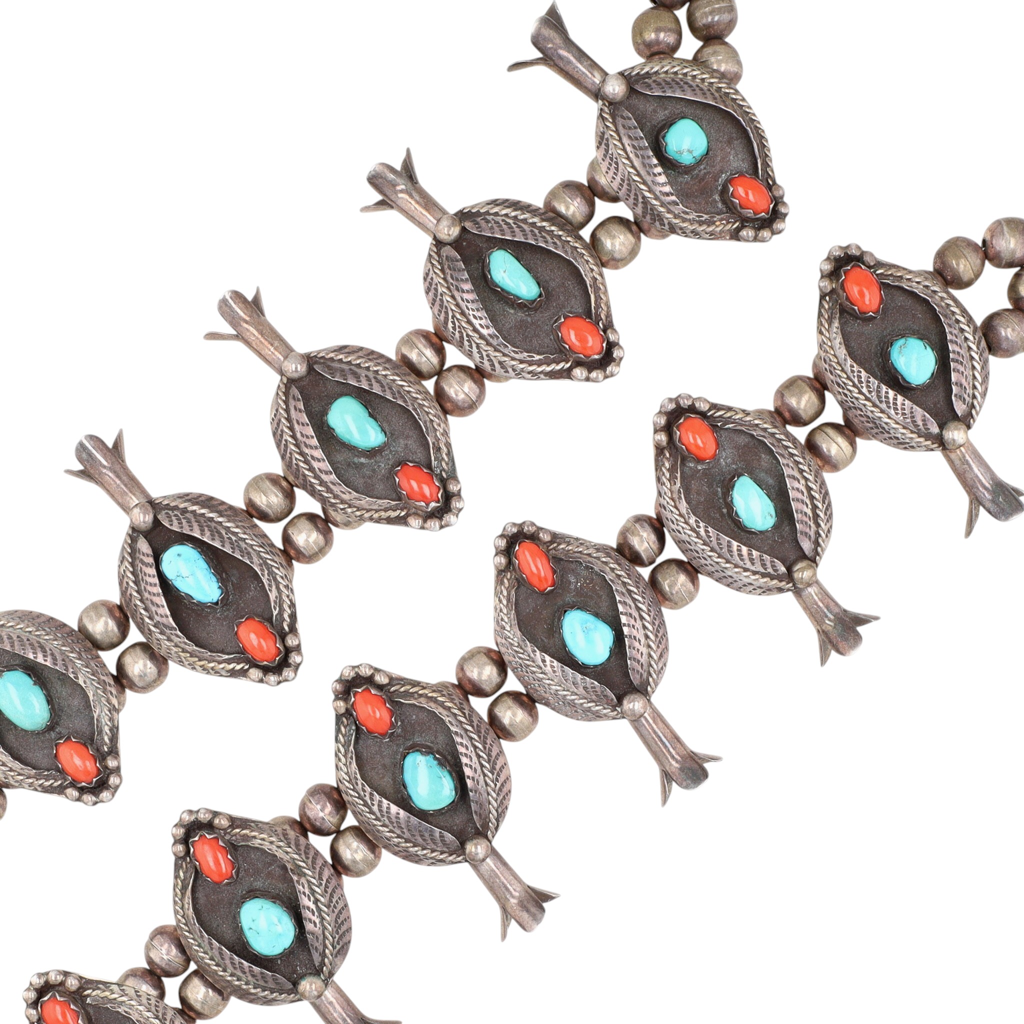 Vintage Vicky Thompson Navajo Sterling Turquoise Coral Squash Blossom Necklace