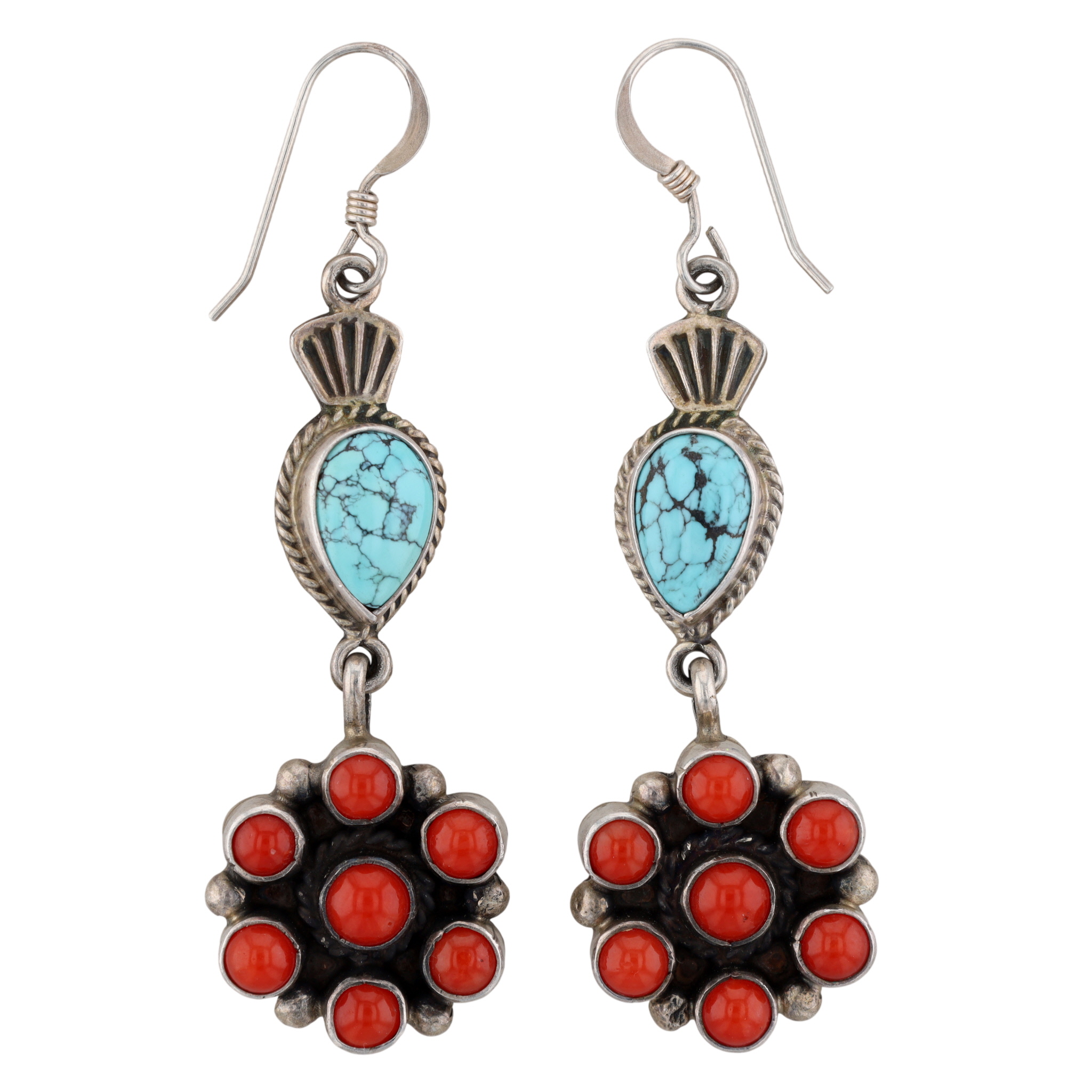 Michael Calladitto Navajo Sterling Turquoise & Coral Cluster Dangle Earrings